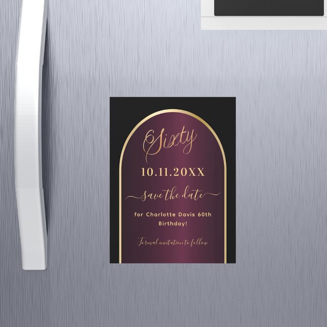 Black burgundy 60th birthday Save the Date magnet (Creator Uploaded)