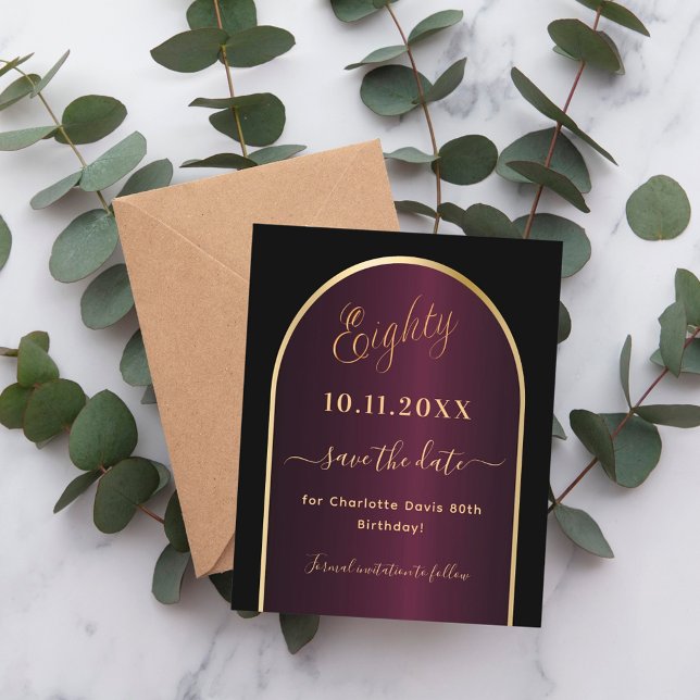 Black burgundy 80th birthday save the date card (Creator Uploaded)