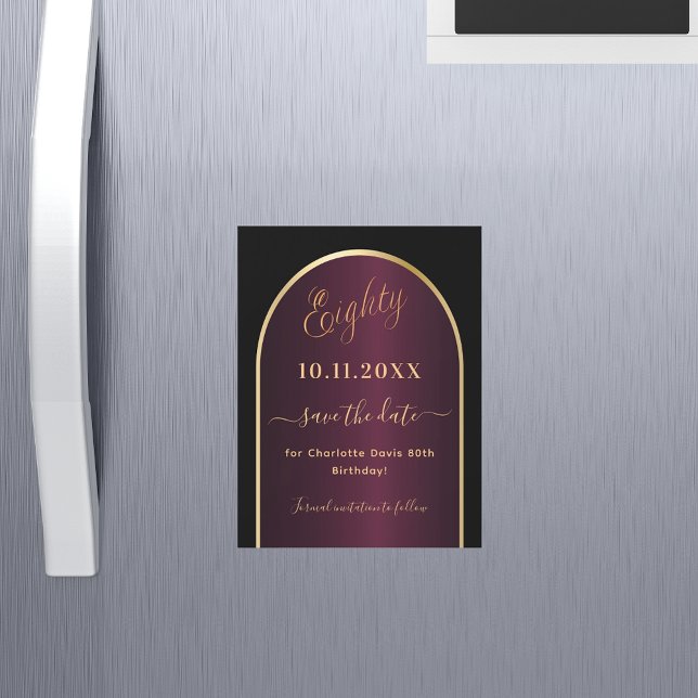 Black burgundy 80th birthday Save the Date magnet (Creator Uploaded)