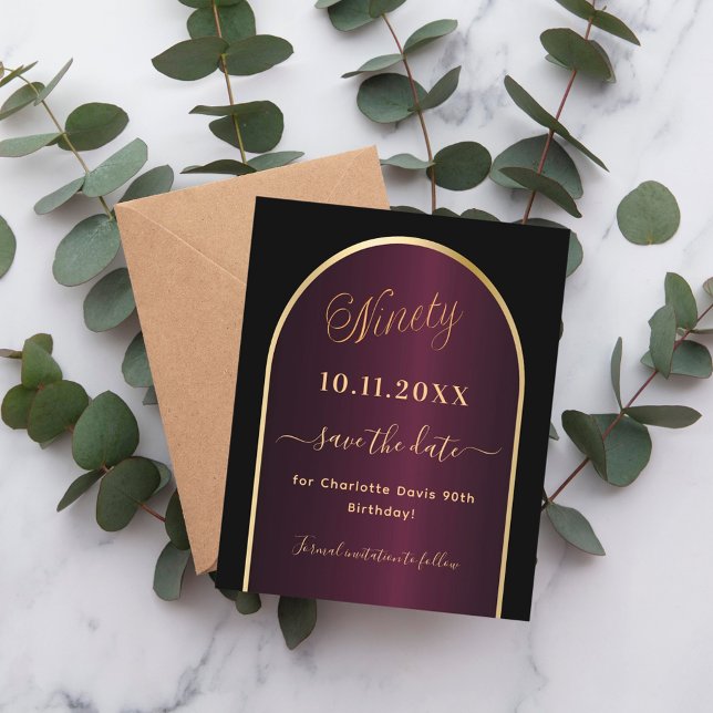 Black burgundy 90th birthday save the date card (Creator Uploaded)