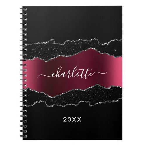 Black burgundy agate marble glitter name notebook