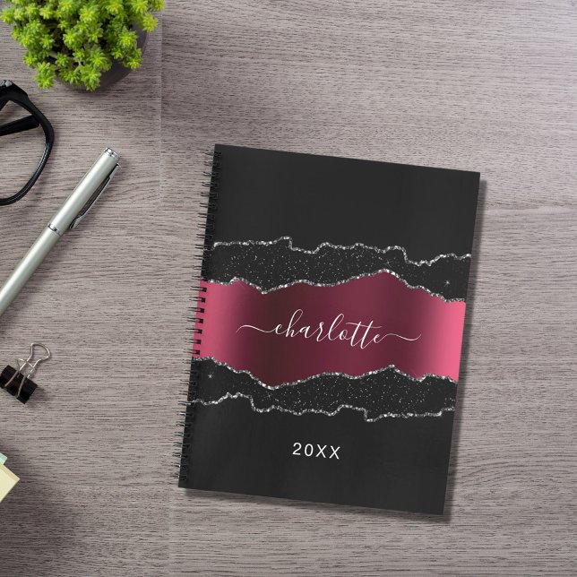 Black burgundy agate marble glitter name notebook (Creator Uploaded)