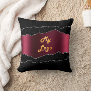 Black burgundy agate marble name business logo throw pillow