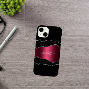 Black burgundy agate marble name script Case-Mate iPhone 14 case