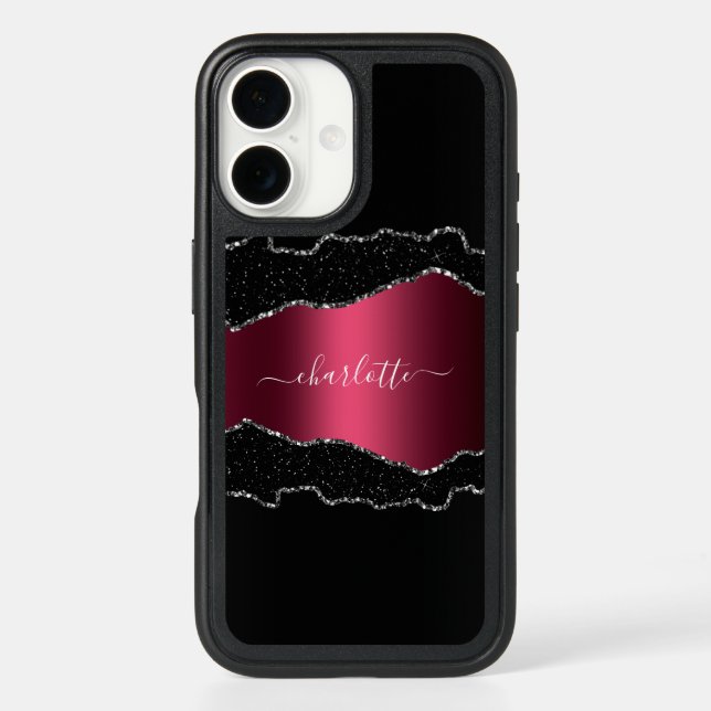 Black burgundy agate marble name script otterbox iPhone case (Back)