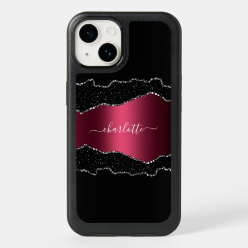 Black burgundy agate marble name script OtterBox iPhone 14 case