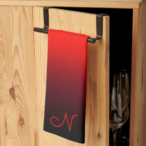 Black Burgundy and Bright Red Gradient Monogram Kitchen Towel