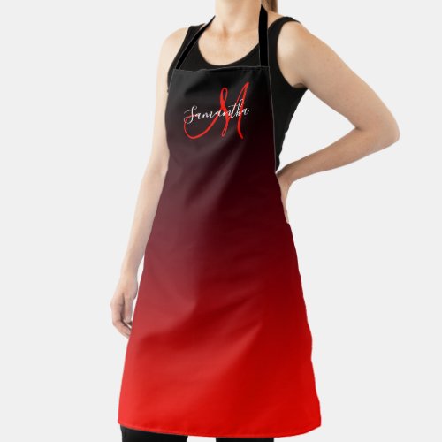 Black Burgundy and Bright Red Ombre Monogram Apron