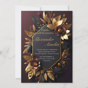 Black Burgundy and Gold Floral Modern Boho Wedding Invitation