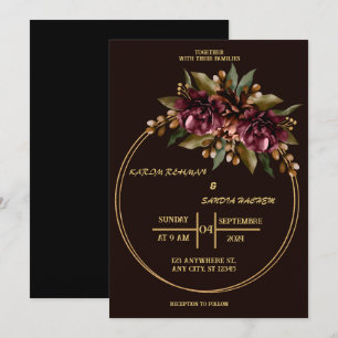 Black Burgundy and Gold Floral Modern Boho Wedding Invitation