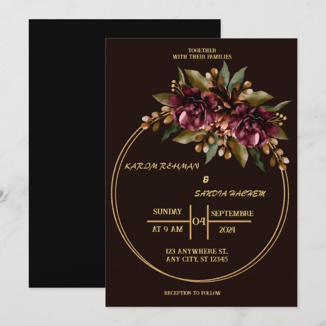 Black Burgundy and Gold Floral Modern Boho Wedding Invitation (Front/Back)