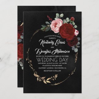 Burgundy Red and Gold Wedding Invitation with Boho floral Design