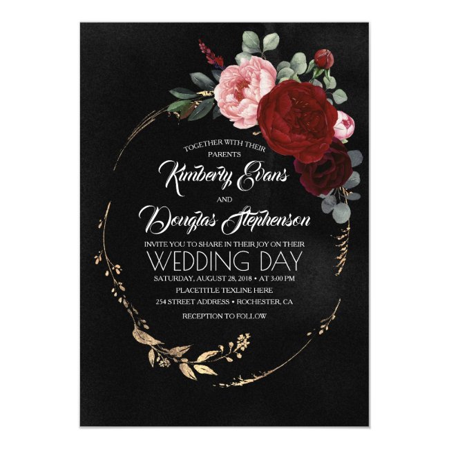 Black Burgundy and Gold Floral Modern Boho Wedding Invitation