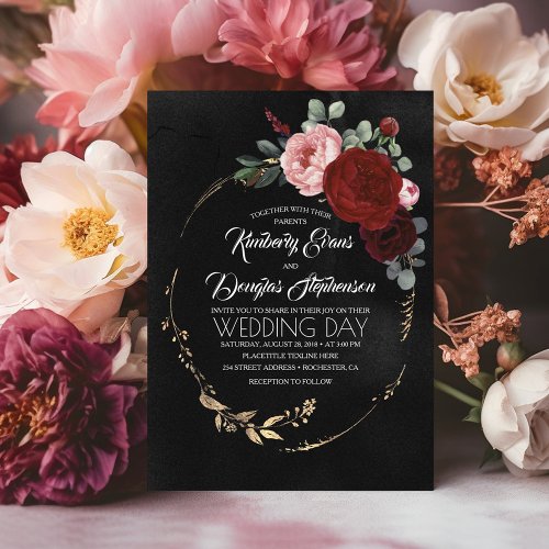 Black Burgundy and Gold Floral Modern Boho Wedding Invitation