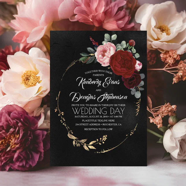 Black Burgundy and Gold Floral Modern Boho Wedding Invitation
