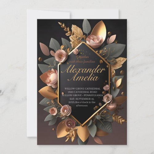 Black Burgundy and Gold Floral Modern Boho Wedding Invitation