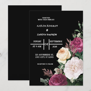 Black Burgundy and Gold Floral Modern Boho Wedding Invitation