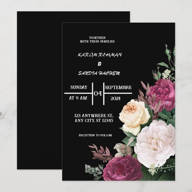 Black Burgundy and Gold Floral Modern Boho Wedding Invitation (Front/Back)