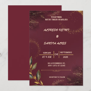 Black Burgundy and Gold Floral Modern Boho Wedding Invitation