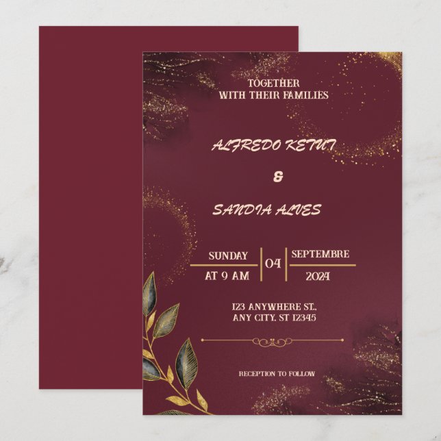 Black Burgundy and Gold Floral Modern Boho Wedding Invitation (Front/Back)