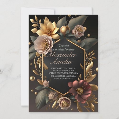 Black Burgundy and Gold Floral Modern Boho Wedding Invitation