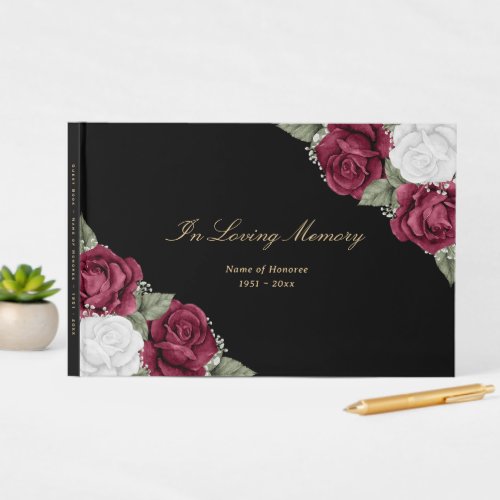 Black Burgundy and White Floral Funeral Guest Book