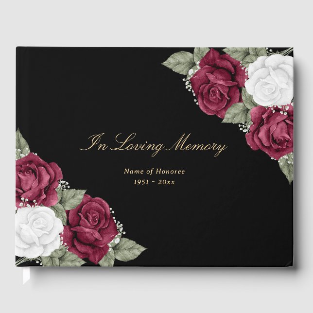 Black Burgundy and White Floral Funeral Guest Book (Front)
