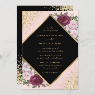 Black Burgundy Blush Gold Geometric Floral Wedding Invitation
