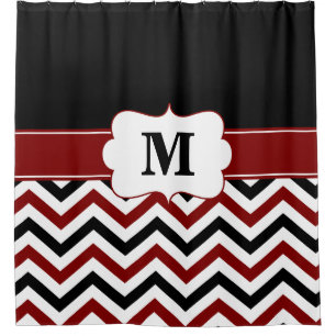 Black Burgundy chevron Monogram Shower Curtain