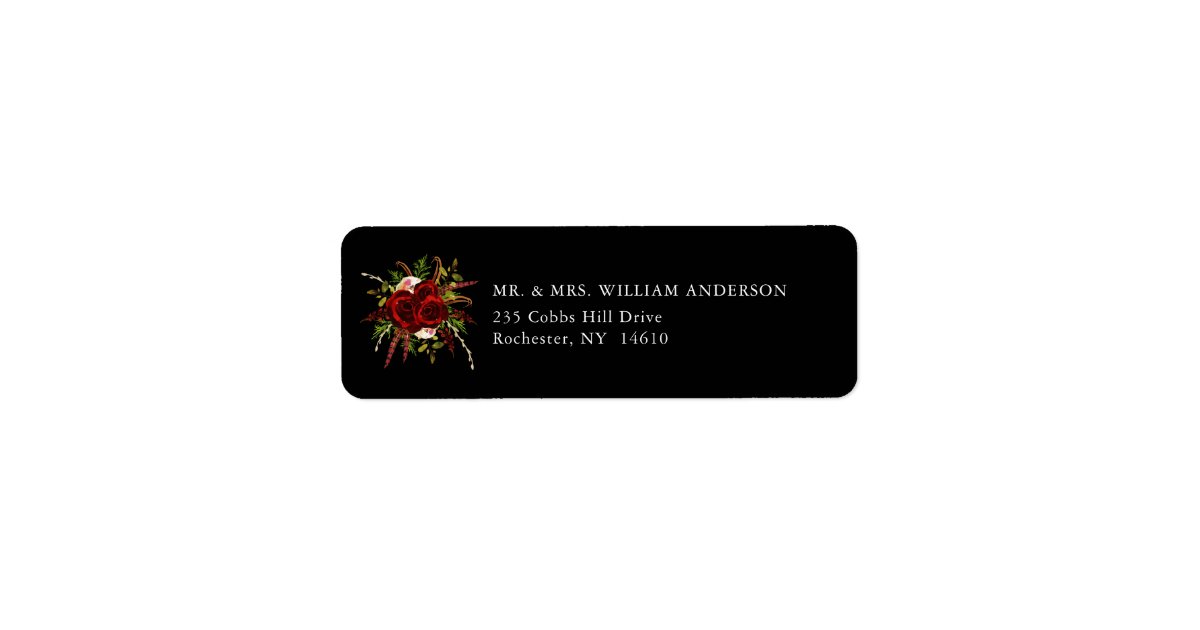 Black Burgundy Floral Boho Return Address Label | Zazzle