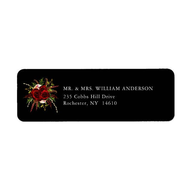 Black Burgundy Floral Boho Return Address Label (Front)