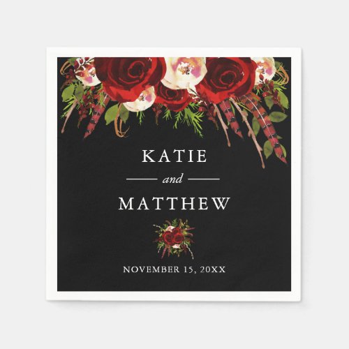 Black Burgundy Floral Boho Wedding Napkins