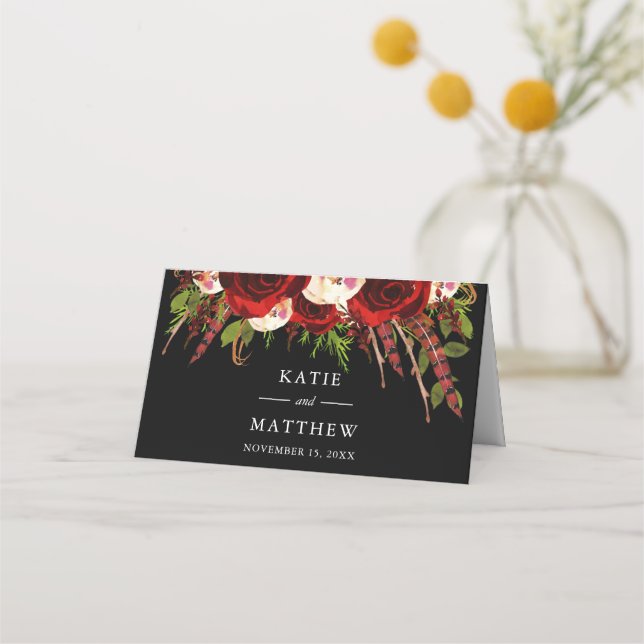 Black Burgundy Floral Boho Wedding Place Card (Back)