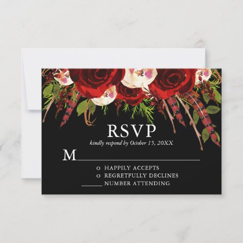 Black Burgundy Floral Boho Wedding RSVP Card