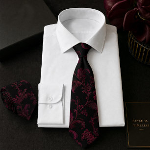 Black Burgundy Floral Damask Seamless Pattern Neck Tie