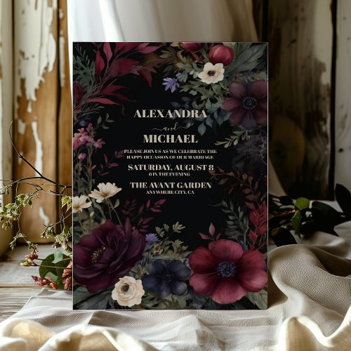 Black Burgundy  Floral Modern Boho Wedding Invitation