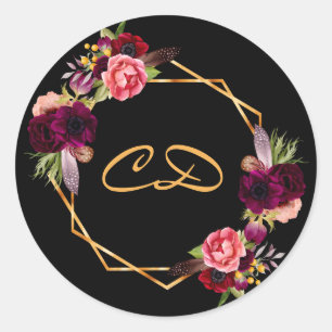 Black burgundy floral monogram initials classic round sticker