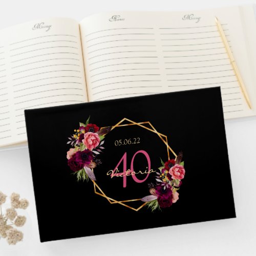 Black burgundy florals 40th birthday guest book