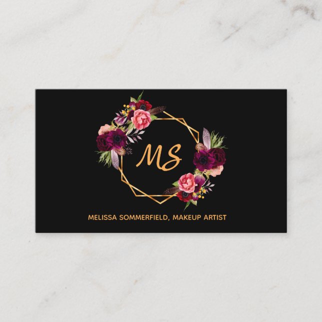Black burgundy florals gold geo monogram elegant business card (Front)