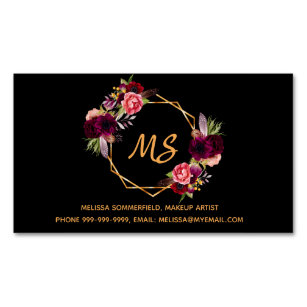 Black burgundy florals gold geo monogram elegant business card magnet