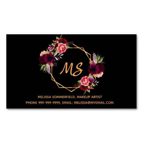 Black burgundy florals gold geo monogram elegant business card magnet