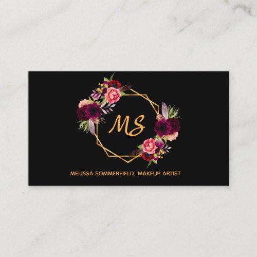 Black burgundy florals gold monogram social media business card