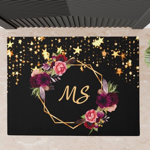 Black burgundy florals gold stars monogram doormat