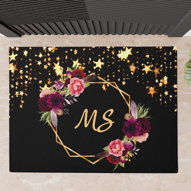 Black burgundy florals gold stars monogram doormat (Creator Uploaded)