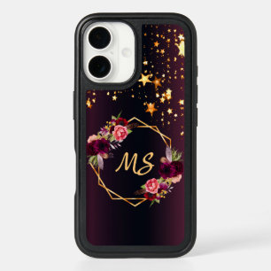 Black burgundy florals gold stars monogram iPhone 16 case