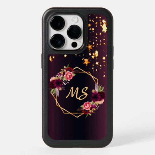 Black burgundy florals gold stars monogram OtterBox iPhone 14 pro case