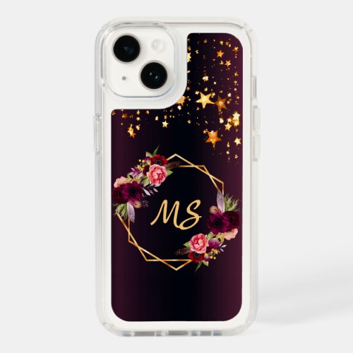 Black burgundy florals gold stars monogram speck iPhone 14 case