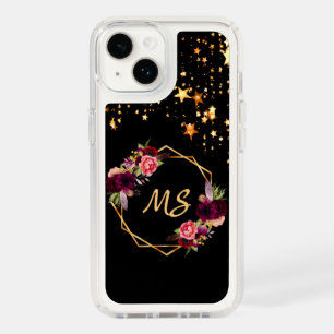 Black burgundy florals gold stars monogram speck iPhone 14 case