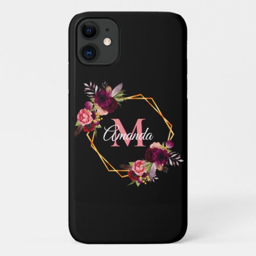 Black burgundy florals roses geometric monogram iPhone 11 case