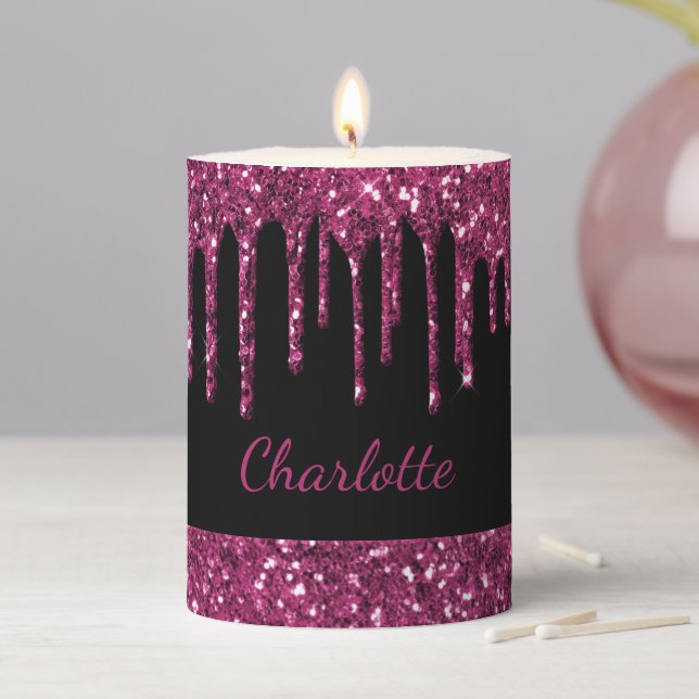 Black burgundy glitter drips name pillar candle (In Situ)